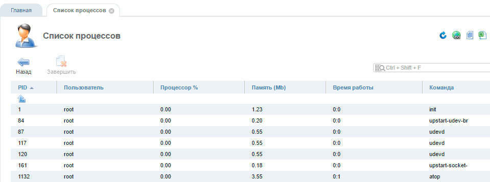 ISPmanager: список процессов