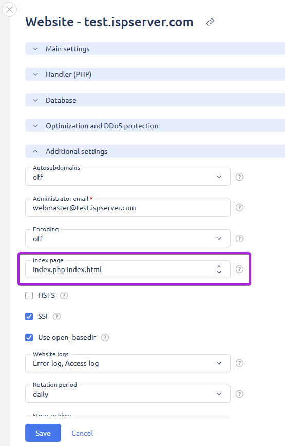 Contain a different name of the site’s index page