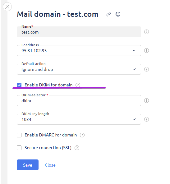 Check the box next to Enable DKIM for domain