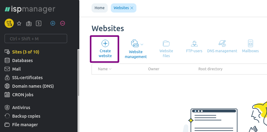 Use the menu bar on the left to go to «Sites»