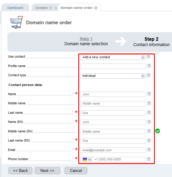 Step 2: contact information