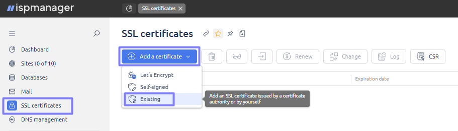 Adding a SSL in ispmanager