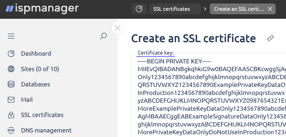 Adding a private key for the SSL