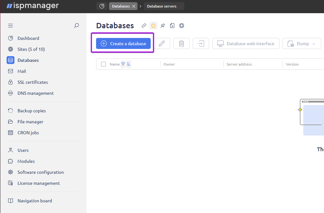 create a MySQL database in the Databases section